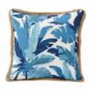 Decorative blue outdoor patio cushion with leaf pattern